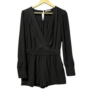 Very J Romper Womens Large Black Pleated V-Neck Long Sleeve Smocked Back Chiffon